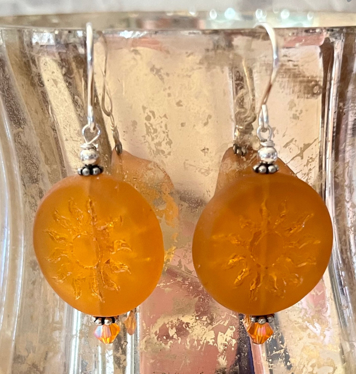 Huge Round Orange Sun Czech Glass Bohemian Drop Earrings in Sterling Silver