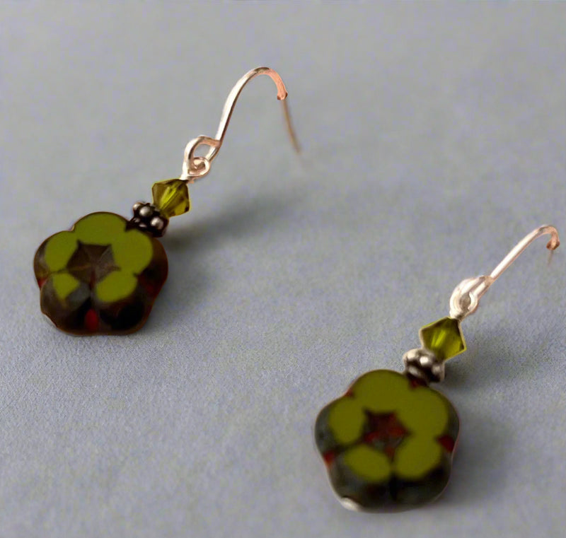 Czech Glass Small Green Flower Earrings in Sterling Silver