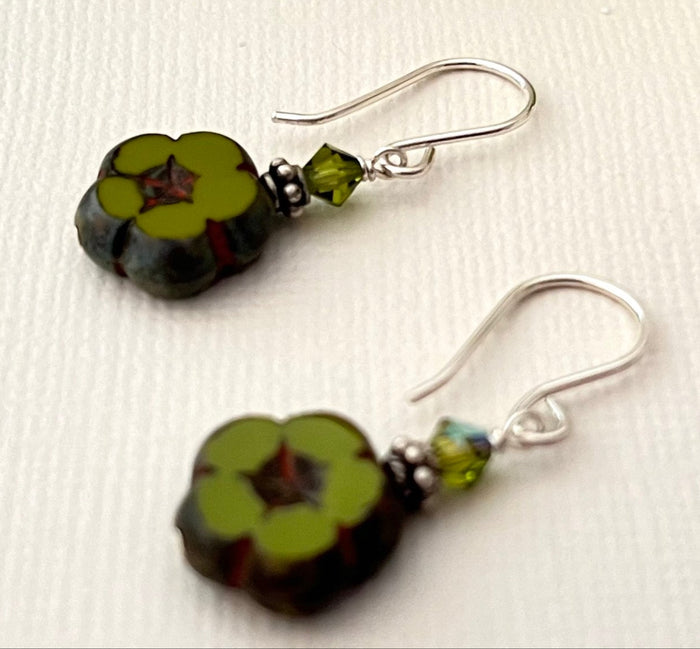 Czech Glass Small Green Flower Earrings in Sterling Silver