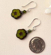 Czech Glass Small Green Flower Earrings in Sterling Silver