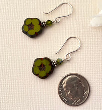 Load image into Gallery viewer, Czech Glass Small Green Flower Earrings in Sterling Silver
