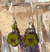 Load image into Gallery viewer, Czech Glass Small Green Flower Earrings in Sterling Silver
