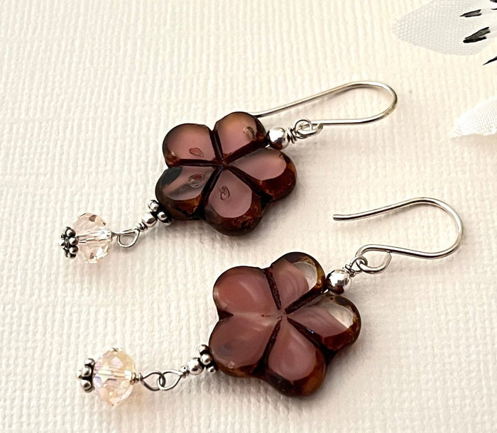 Czech Glass Pink Flower Earrings in Sterling Silver SPECIAL PRICE