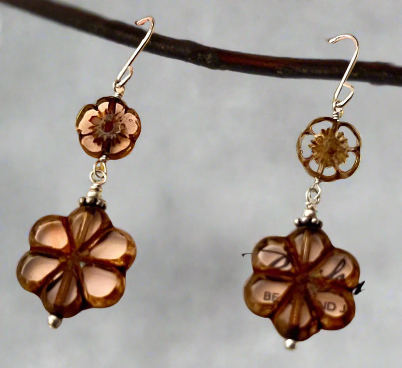 Czech Glass Pink Flower Earrings in Sterling Silver SPECIAL PRICE