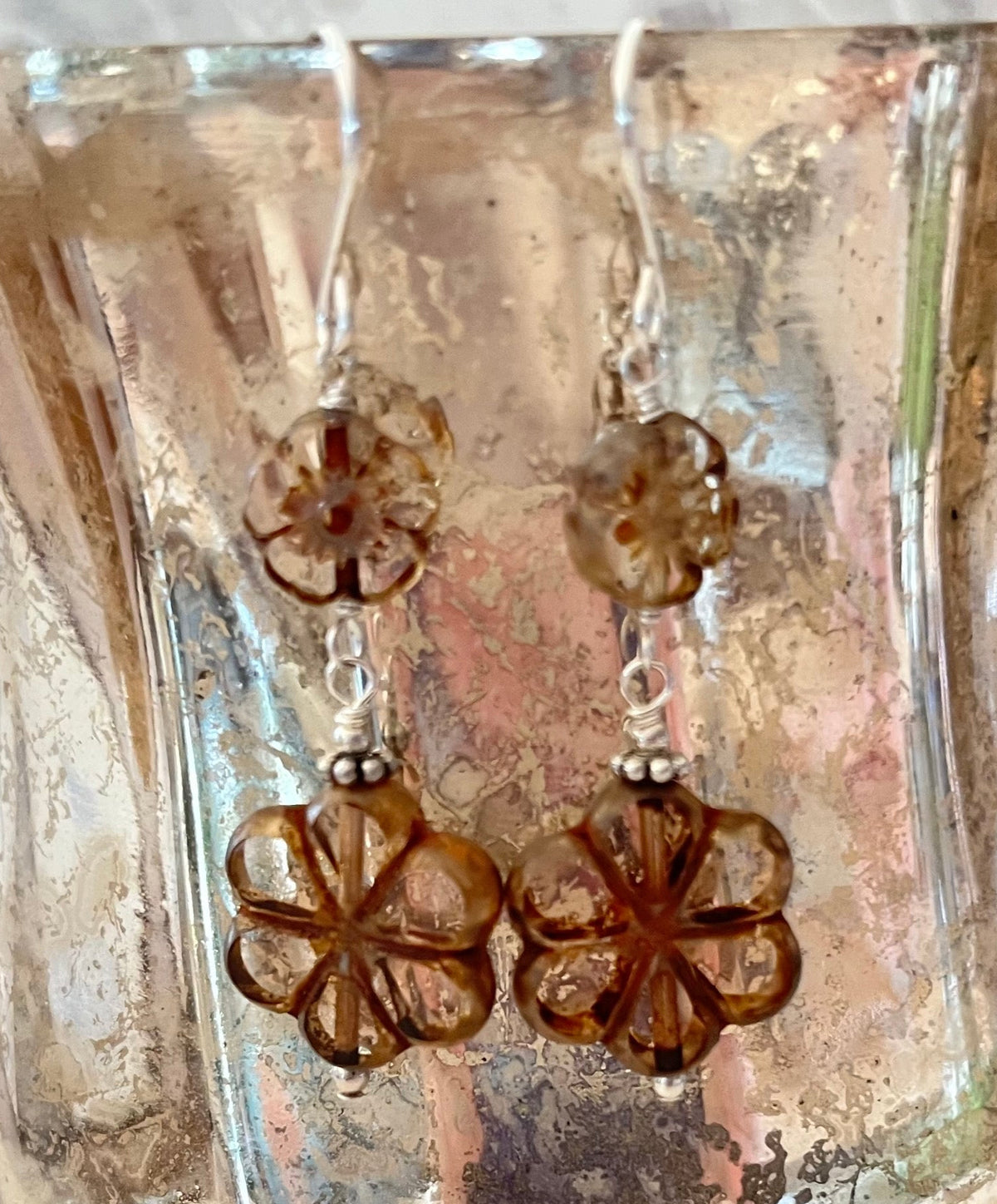 Czech Glass Light Pink Flower Earrings in Sterling Silver