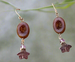 Czech Glass Lavender Flower Drop Earrings in Sterling Silver