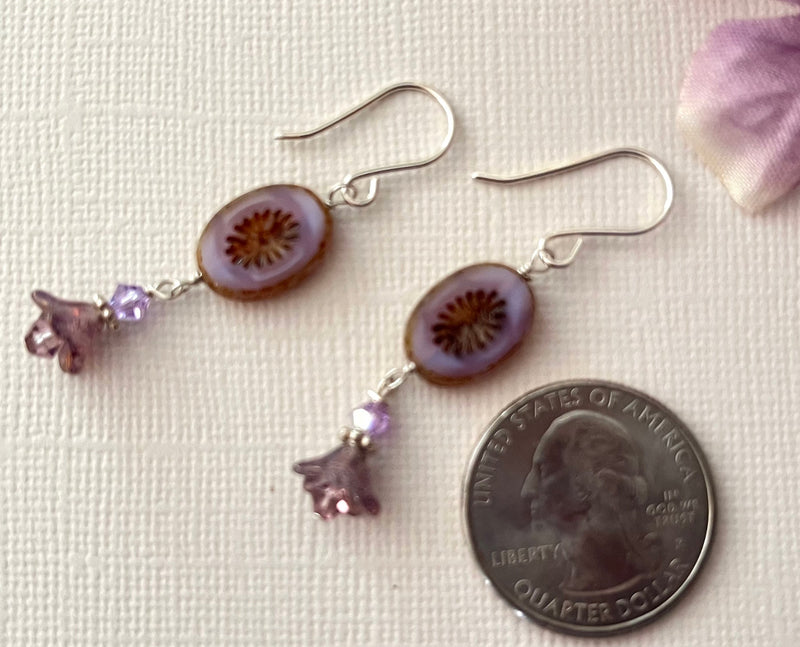 Czech Glass Lavender Flower Drop Earrings in Sterling Silver