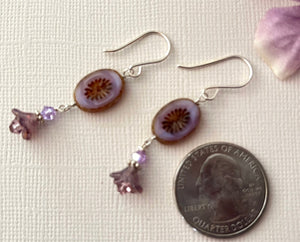 Czech Glass Lavender Flower Drop Earrings in Sterling Silver