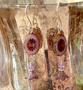 Czech Glass Lavender Flower Drop Earrings in Sterling Silver