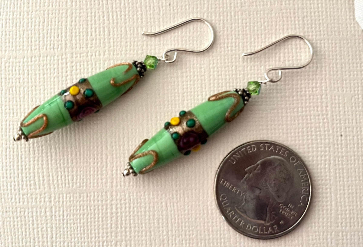 Czech Lampwork Green Wedding Cake Earrings in Sterling Silver