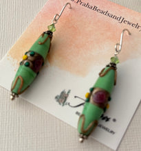 Load image into Gallery viewer, Czech Lampwork Green Wedding Cake Earrings in Sterling Silver
