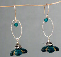 Czech Glass Dark Teal Flower Drop Earrings in Sterling Silver