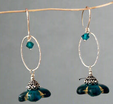 Load image into Gallery viewer, Czech Glass Dark Teal Flower Drop Earrings in Sterling Silver
