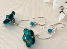 Load image into Gallery viewer, Czech Glass Dark Teal Flower Drop Earrings in Sterling Silver
