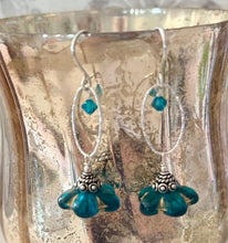 Load image into Gallery viewer, Czech Glass Dark Teal Flower Drop Earrings in Sterling Silver
