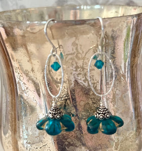 Czech Glass Dark Teal Flower Drop Earrings in Sterling Silver