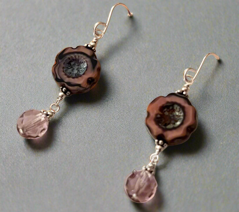 Czech Glass Mauve Flower Drop Earrings in Sterling Silver