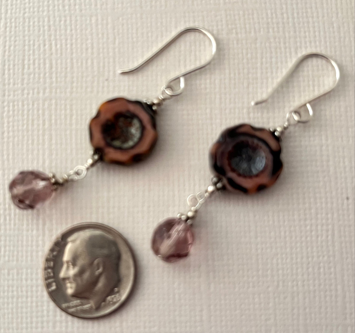 Czech Glass Mauve Flower Drop Earrings in Sterling Silver