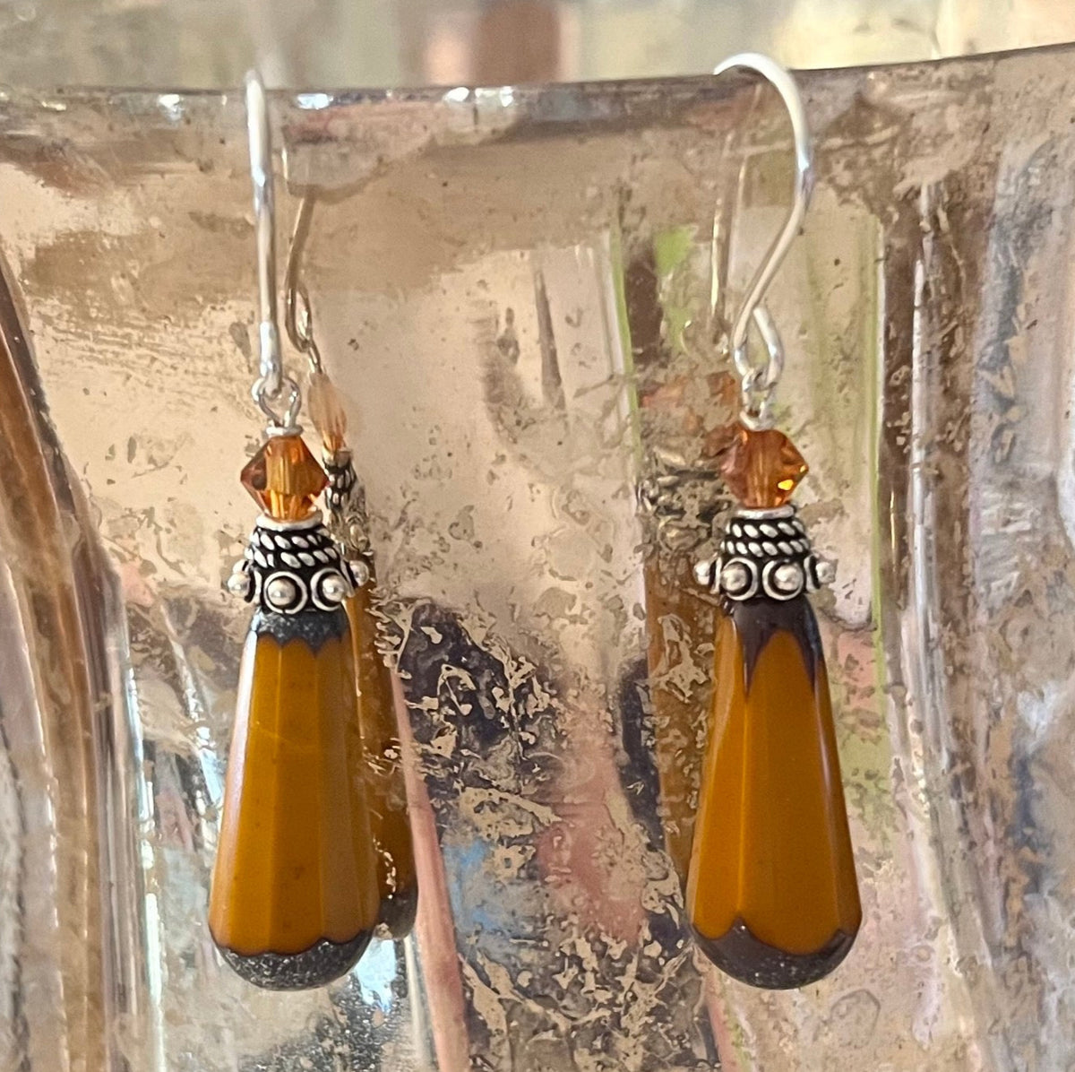 Czech Glass Orange Faceted Dangle Drop Earrings in Sterling Silver