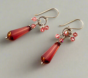 Czech Glass Pink Faceted Dangle Drop Earrings in Sterling Silver