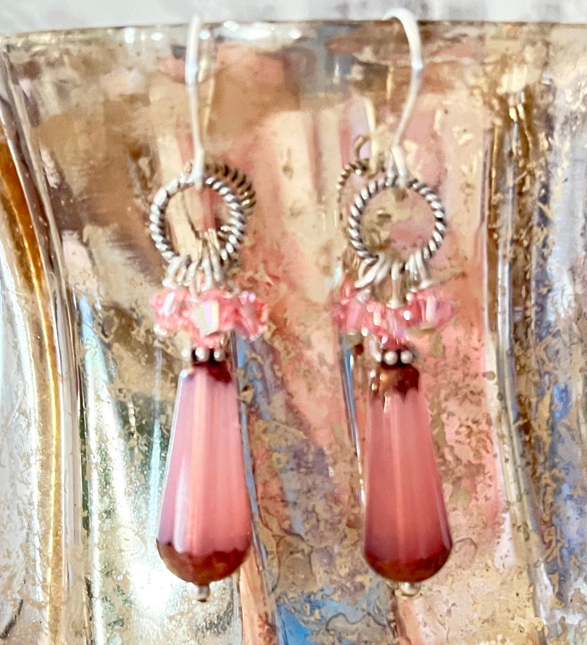 Czech Glass Pink Faceted Dangle Drop Earrings in Sterling Silver