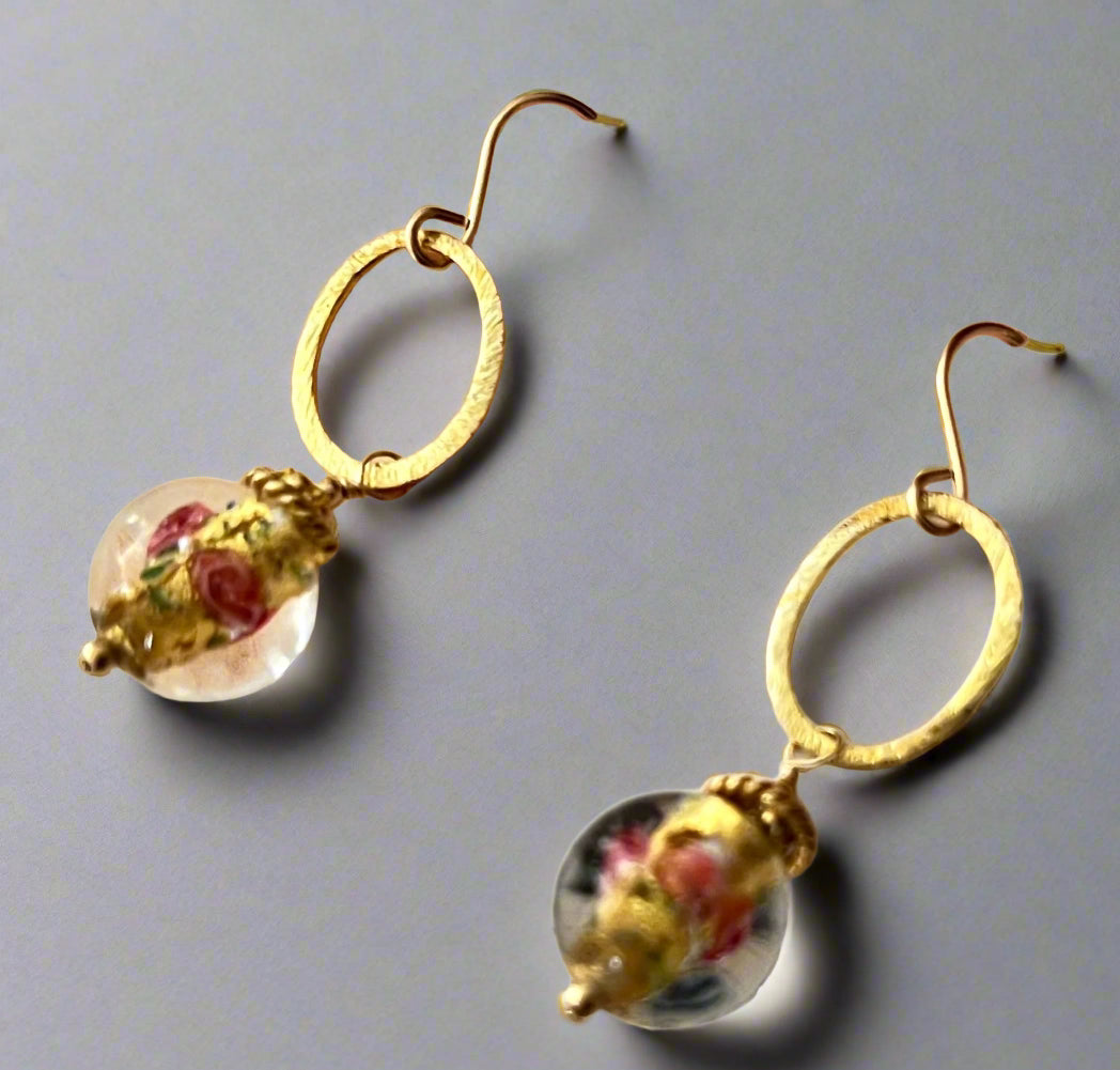 Czech Gold Foil Glass Earrings in 14K Gold Fill