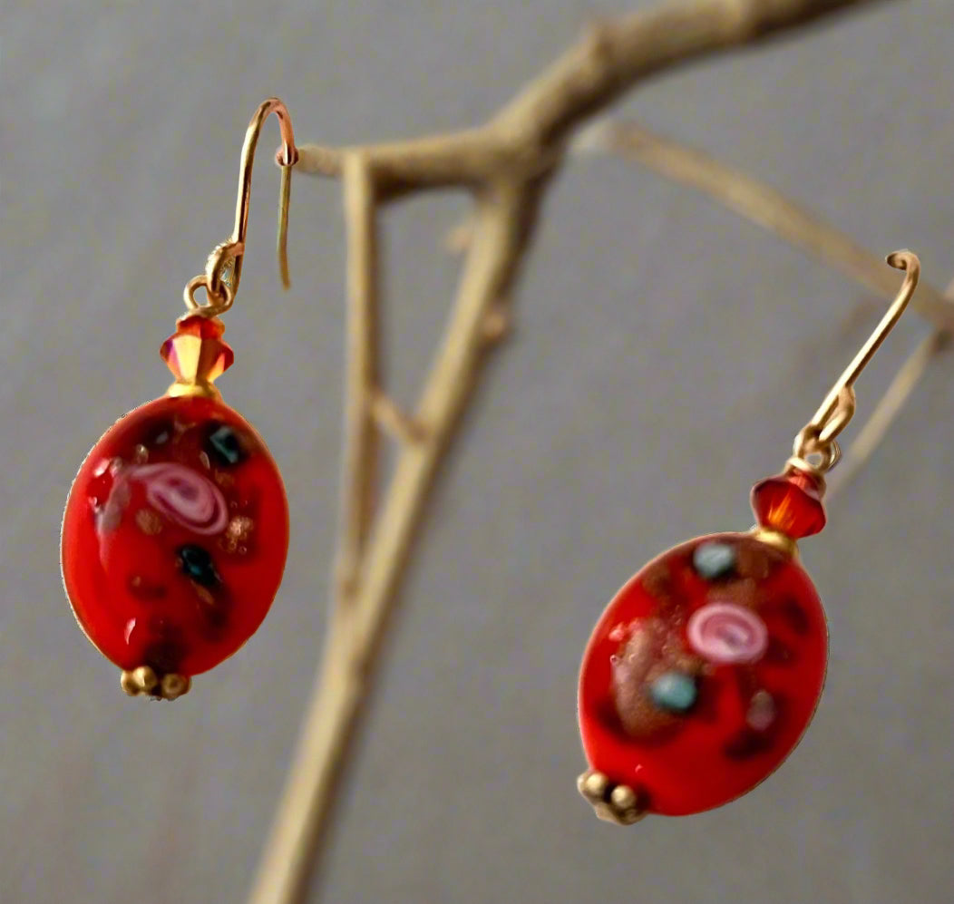 Czech Glass Orange Lampwork Earrings in 14K GF