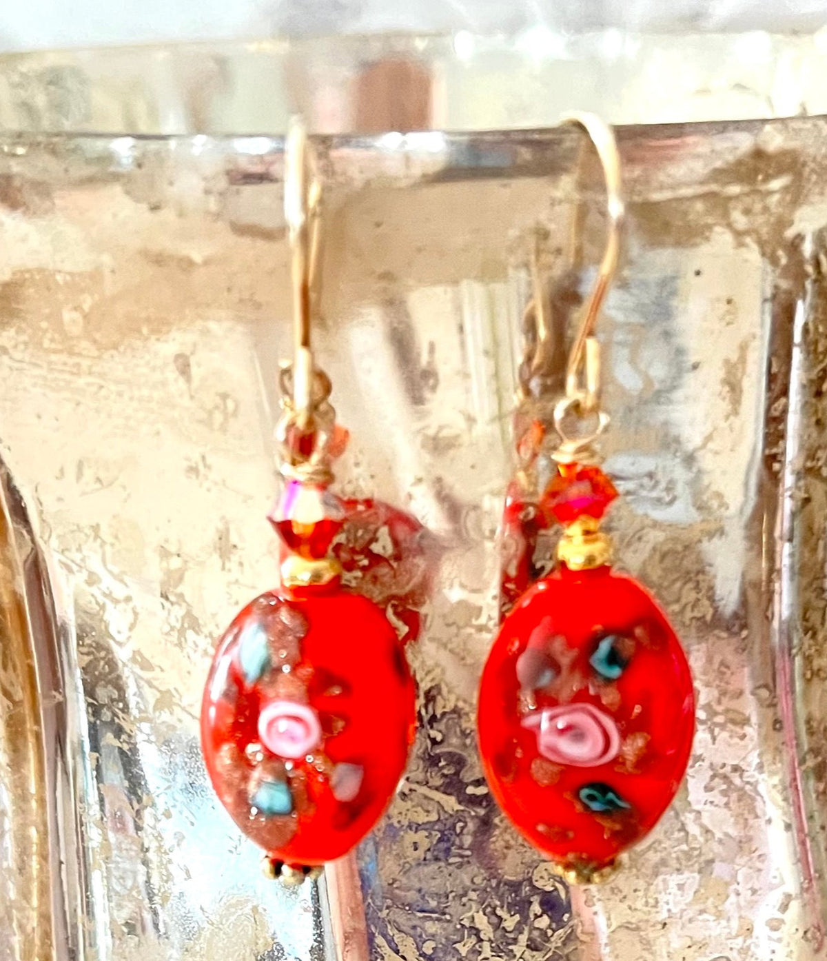 Czech Glass Orange Lampwork Earrings in 14K GF