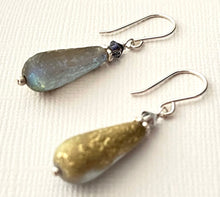 Load image into Gallery viewer, Czech Glass Textured Gold Dangle Drop Earrings in Sterling Silver
