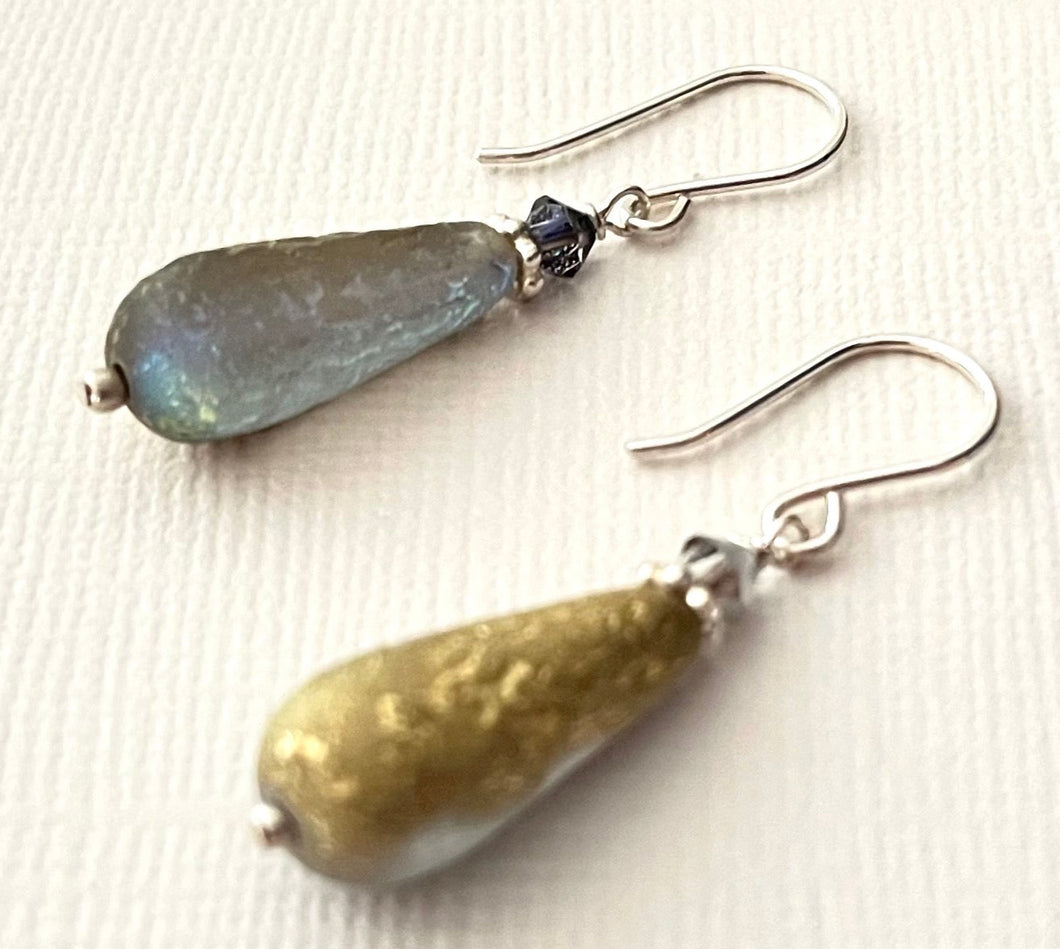 Czech Glass Textured Gold Dangle Drop Earrings in Sterling Silver