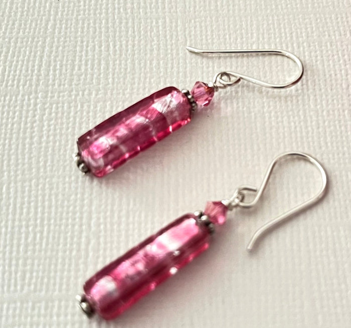 Murano Long Silver Foil and Pink Glass Earrings in Sterling Silver