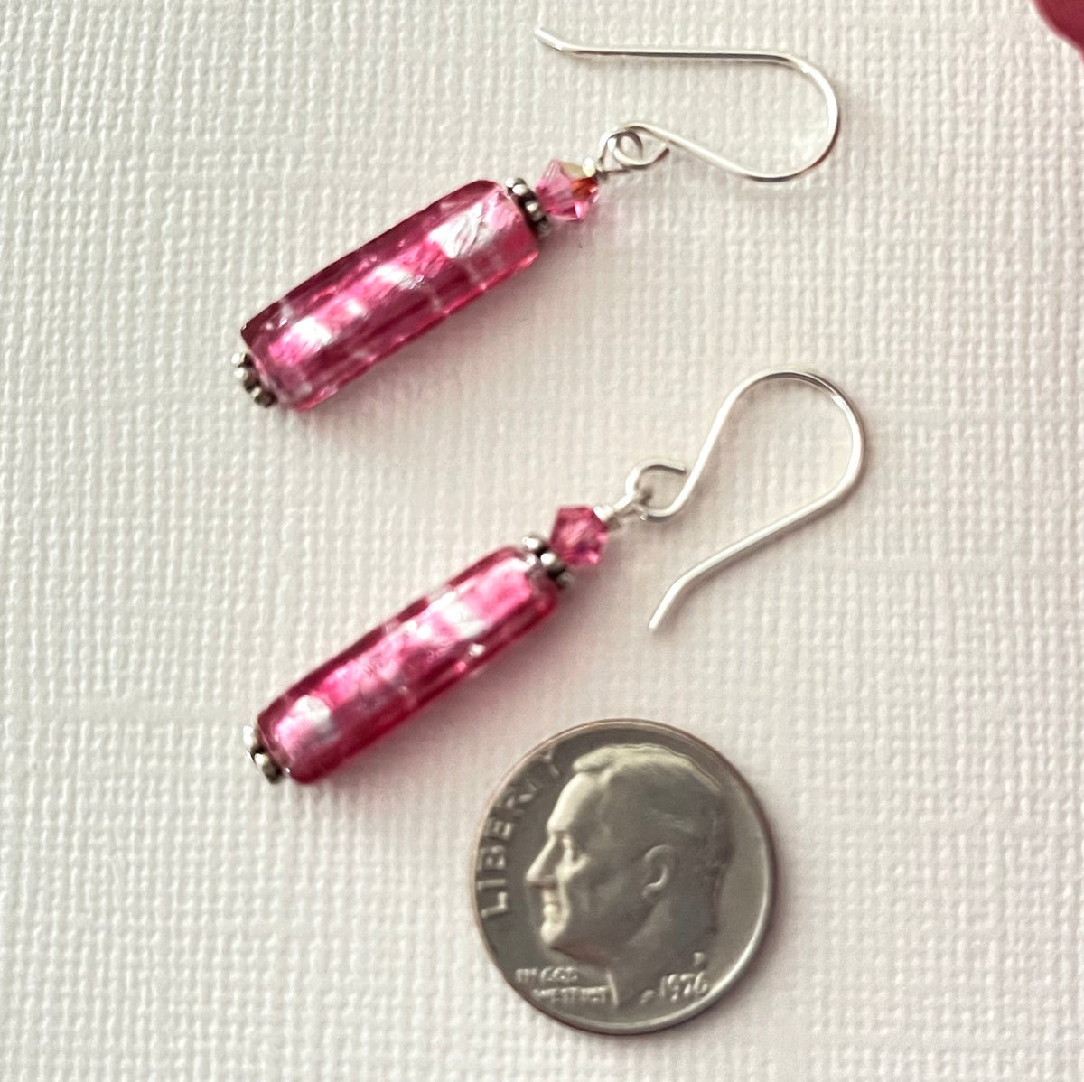 Murano Long Silver Foil and Pink Glass Earrings in Sterling Silver