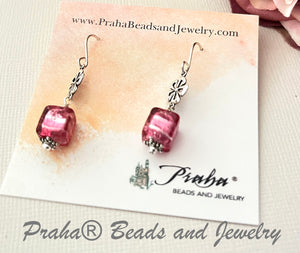 Pink Murano Glass Cube Earrings in Sterling Silver SPECIAL PRICE