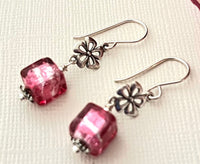 Pink Murano Glass Cube Earrings in Sterling Silver