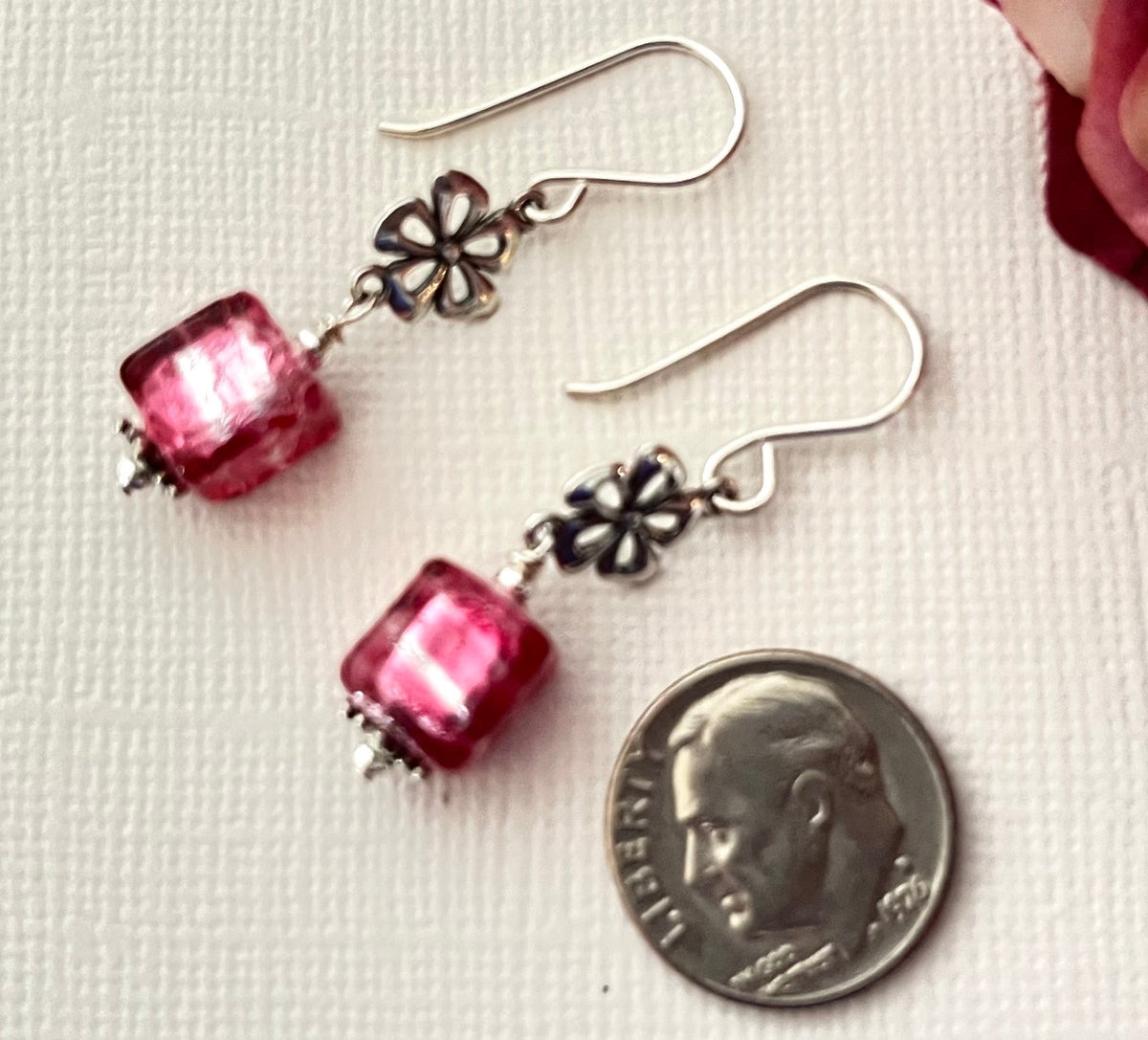 Pink Murano Glass Cube Earrings in Sterling Silver