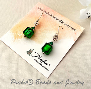 Murano Glass Cube Green Earrings in Sterling Silver