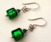 Load image into Gallery viewer, Murano Glass Cube Green Earrings in Sterling Silver
