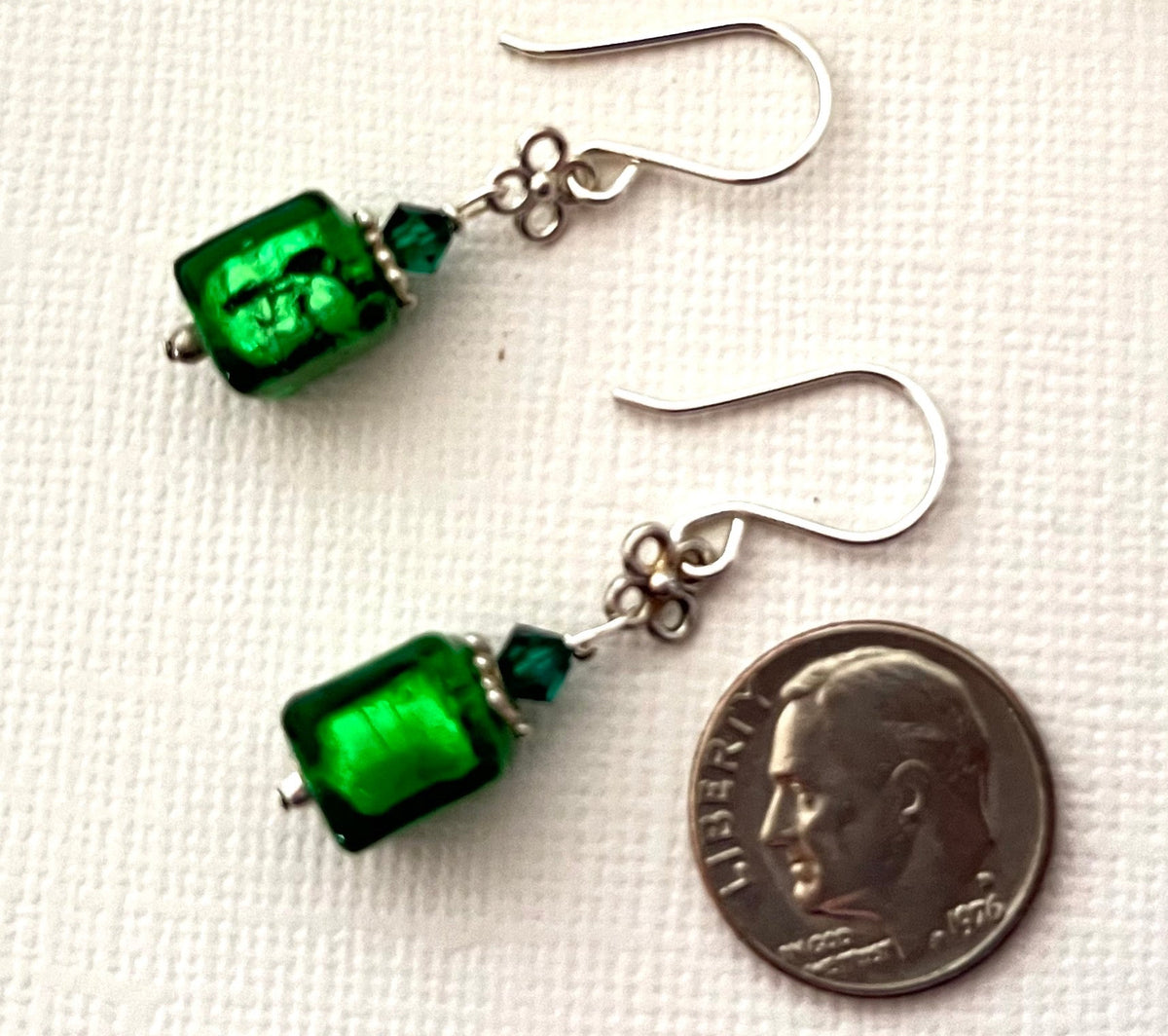 Murano Glass Cube Green Earrings in Sterling Silver