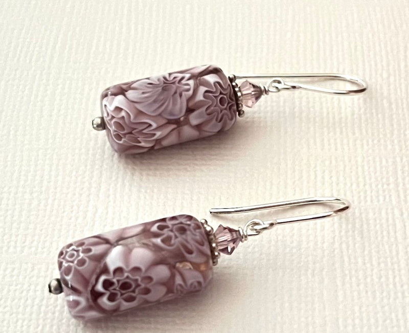 Murano Millefiori Mauve and White Glass Tube Earrings in Sterling Silver