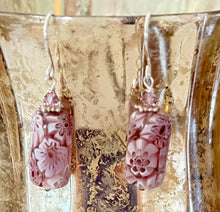 Load image into Gallery viewer, Murano Millefiori Mauve and White Glass Tube Earrings in Sterling Silver
