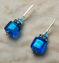 Murano Glass Bright Blue Cube Earrings in Sterling Silver