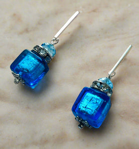 Murano Glass Bright Blue Cube Earrings in Sterling Silver