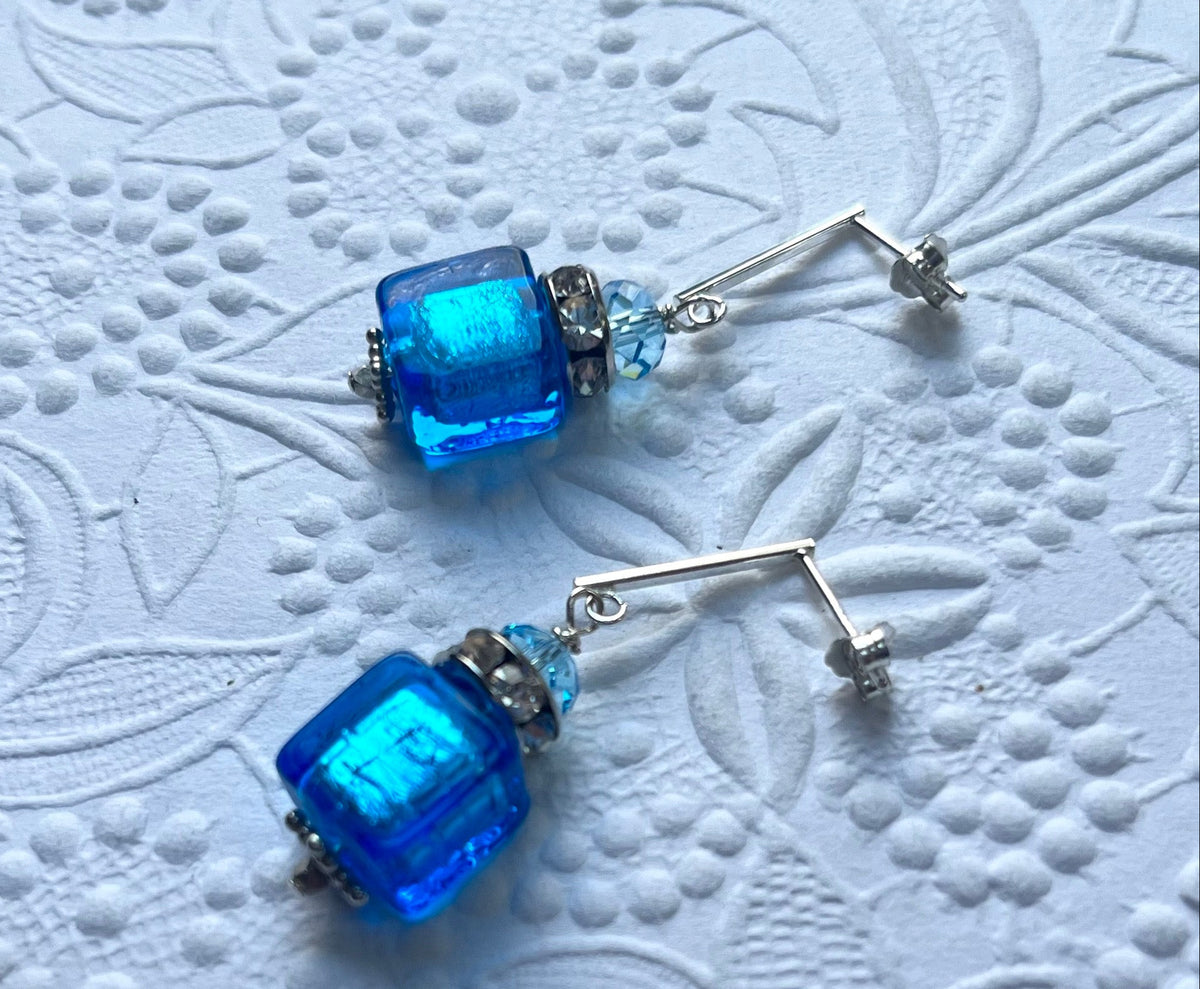 Murano Glass Bright Blue Cube Earrings in Sterling Silver