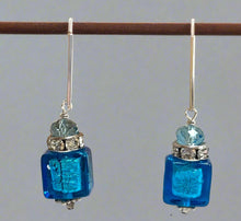 Load image into Gallery viewer, Murano Glass Bright Blue Cube Earrings in Sterling Silver
