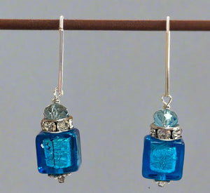 Murano Glass Bright Blue Cube Earrings in Sterling Silver