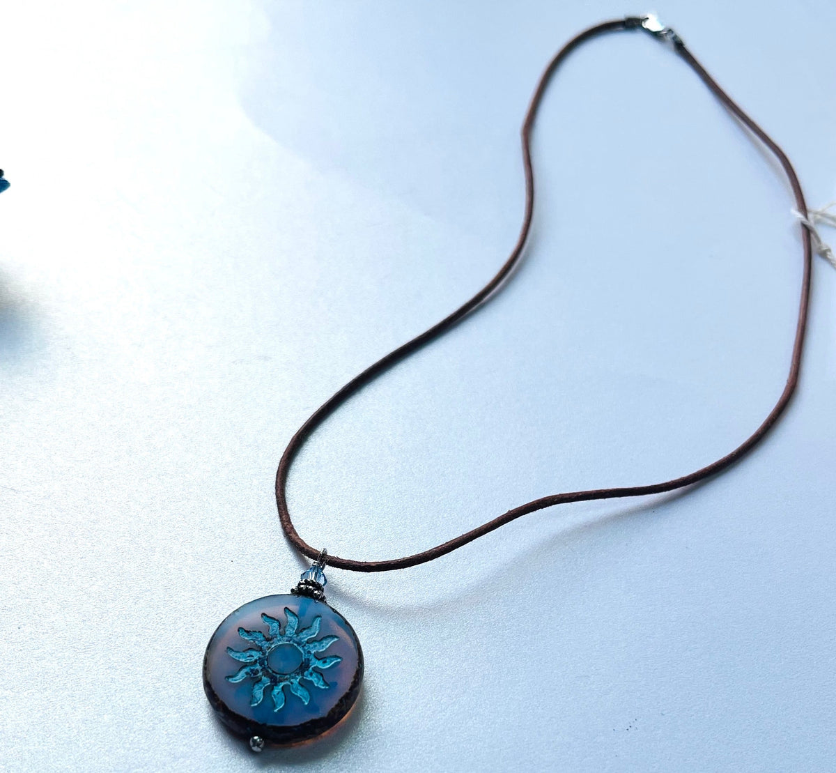 Czech Glass Light Blue Sun Bohemian Drop Necklace on Leather Cord