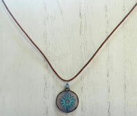 Czech Glass Light Blue Sun Bohemian Drop Necklace on Leather Cord