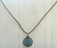 Load image into Gallery viewer, Czech Glass Light Blue Sun Bohemian Drop Necklace on Leather Cord
