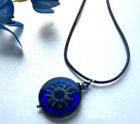 Czech Glass Bright Blue Sun Bohemian Drop Necklace on Leather Cord