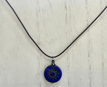 Load image into Gallery viewer, Czech Glass Bright Blue Sun Bohemian Drop Necklace on Leather Cord
